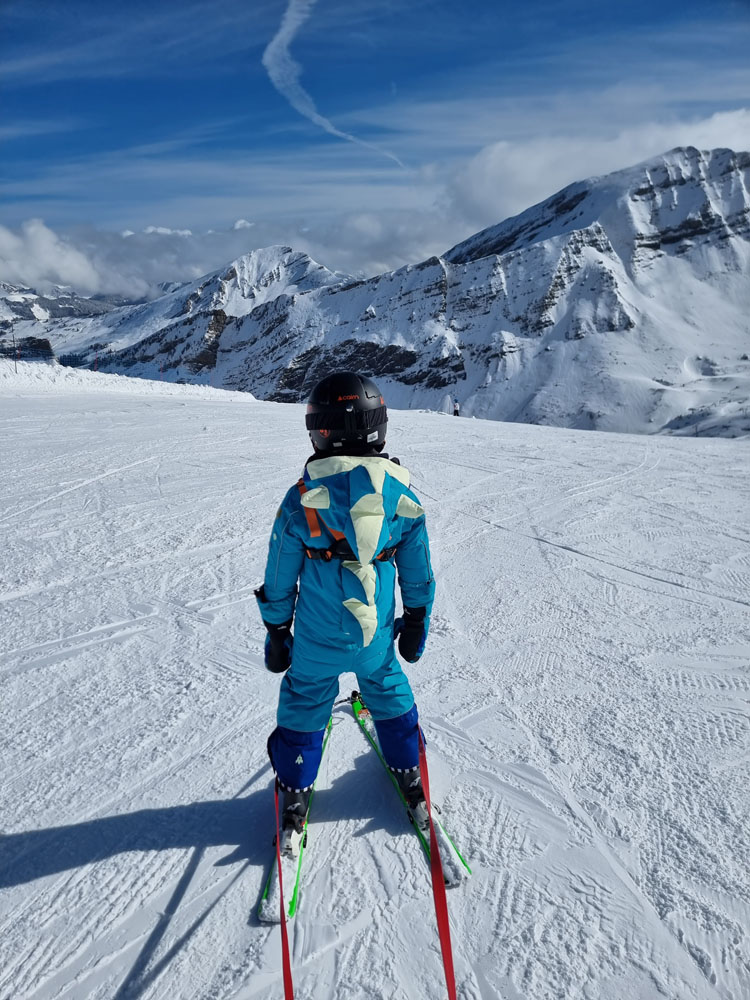 Enjoying the mountains while skiing on reins to keep safe, autism private ski lessons